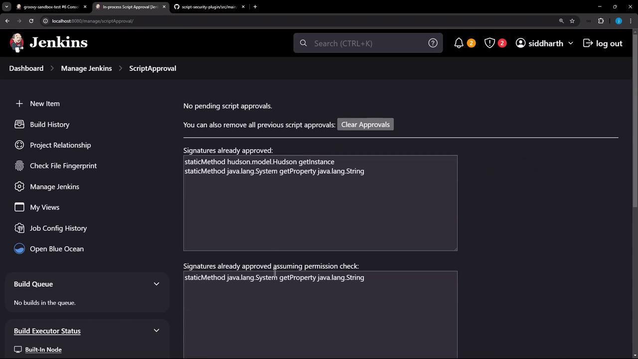 The image shows a Jenkins interface on the "Script Approval" page, displaying no pending script approvals and a list of already approved signatures.
