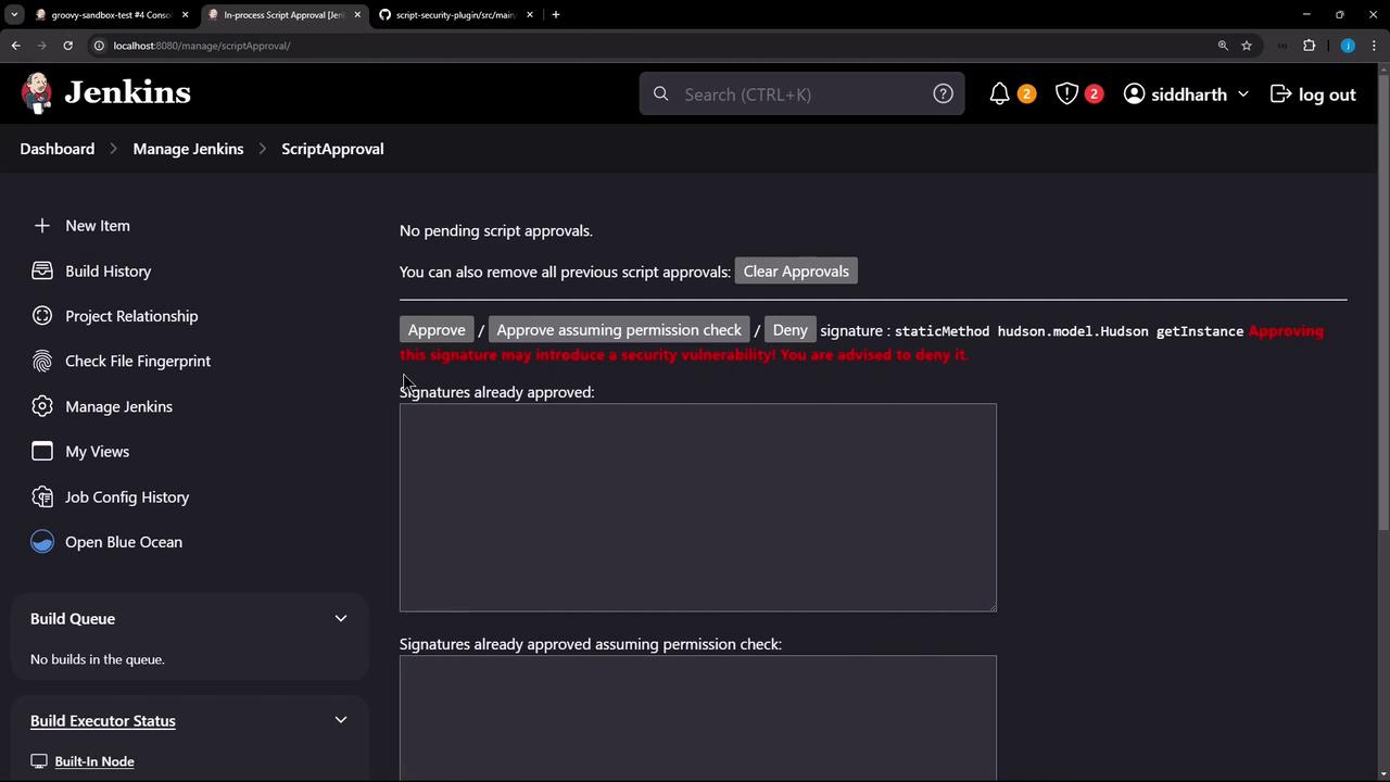 The image shows a Jenkins script approval interface with options to approve or deny script signatures, and a warning about potential security vulnerabilities.