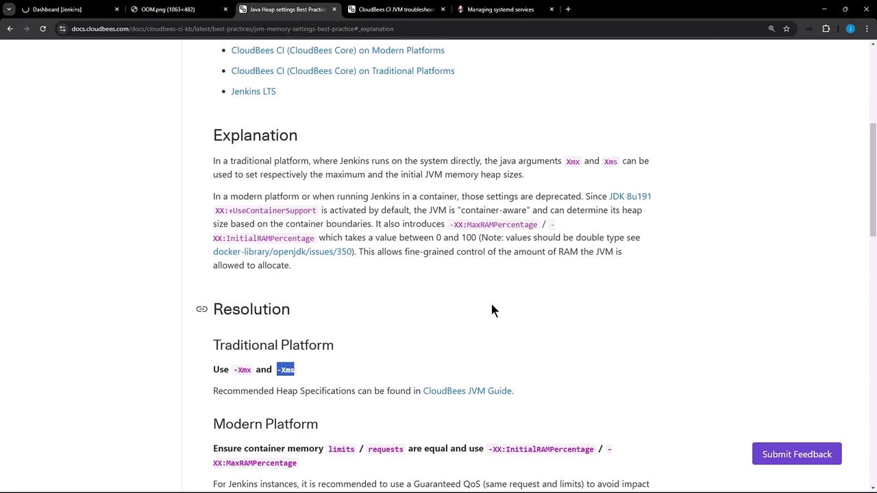 The image shows a webpage from CloudBees documentation discussing best practices for Java heap memory settings on traditional and modern platforms, including the use of specific JVM arguments.