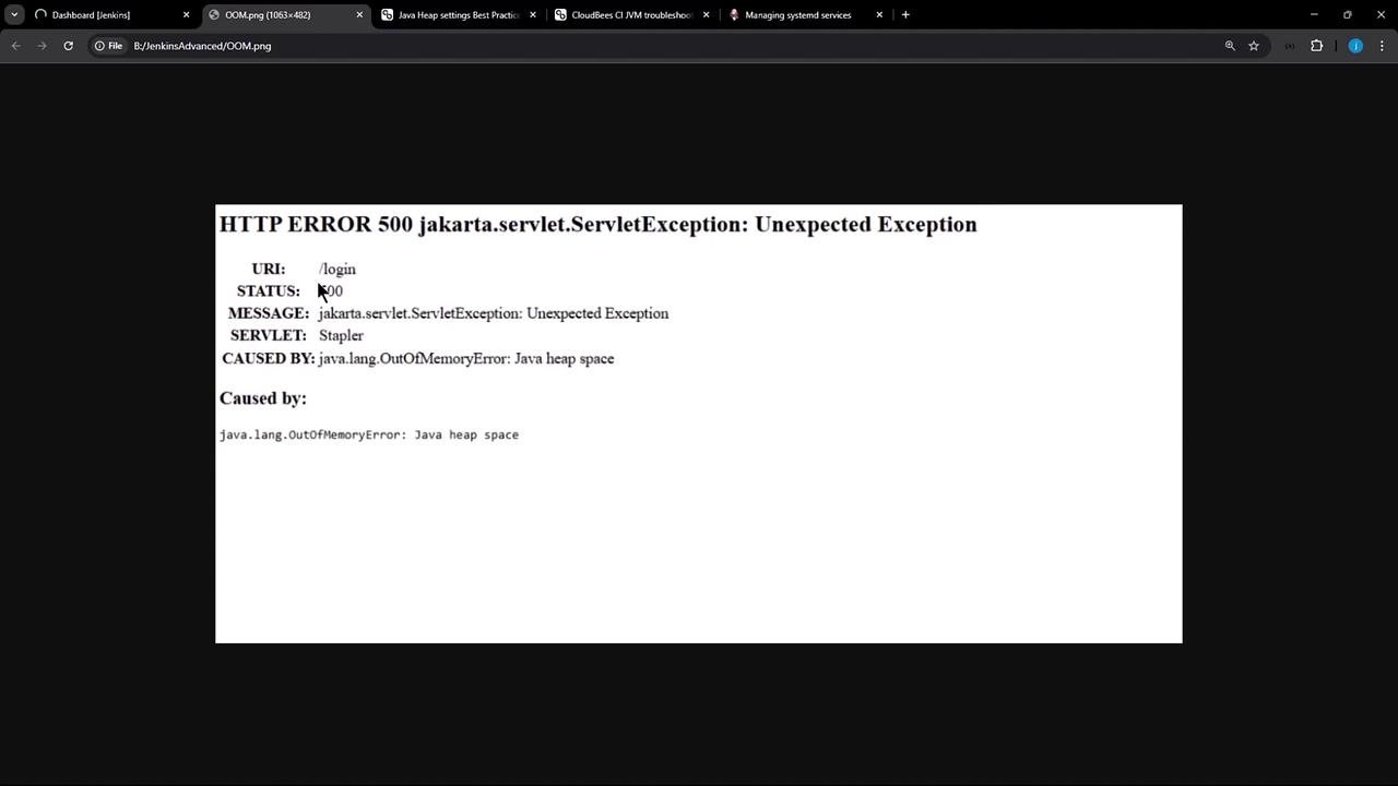 The image shows an HTTP 500 error page indicating a "jakarta.servlet.ServletException: Unexpected Exception" caused by a "java.lang.OutOfMemoryError: Java heap space" during a login attempt.