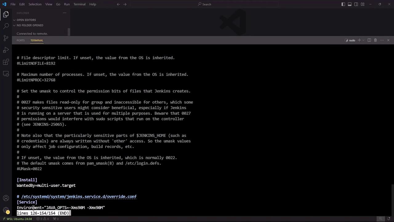 The image shows a Visual Studio Code window with a terminal open, displaying a configuration file related to Jenkins service settings. The text includes comments and settings for file descriptor limits, process limits, and umask values.