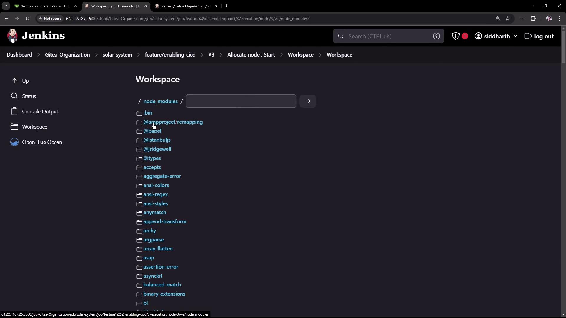 The image shows a Jenkins workspace interface displaying a list of node modules in a project directory. The interface includes navigation options like "Dashboard," "Console Output," and "Open Blue Ocean."