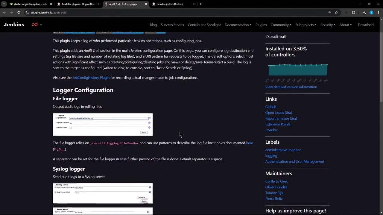 The image shows a webpage from the Jenkins plugins site, specifically detailing the "Audit Trail" plugin. It includes information on logger configuration, file logger, and syslog logger settings.