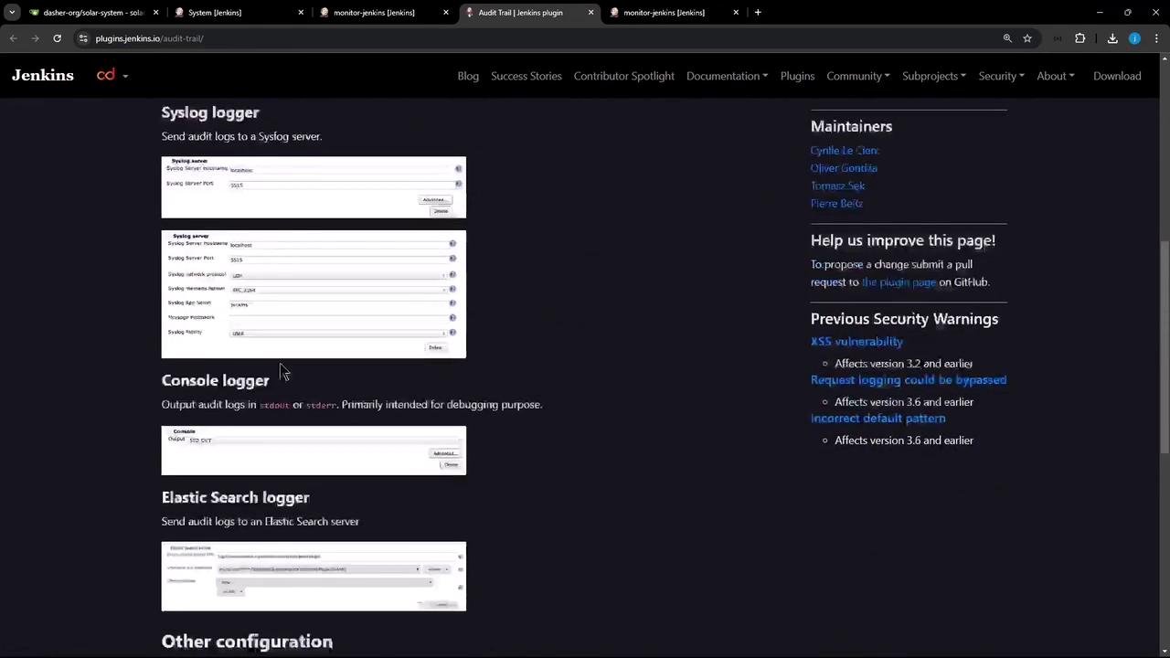 The image shows a webpage from the Jenkins plugin site, detailing configuration options for Syslog, Console, and Elastic Search loggers. It includes fields for setting server details and mentions previous security warnings.