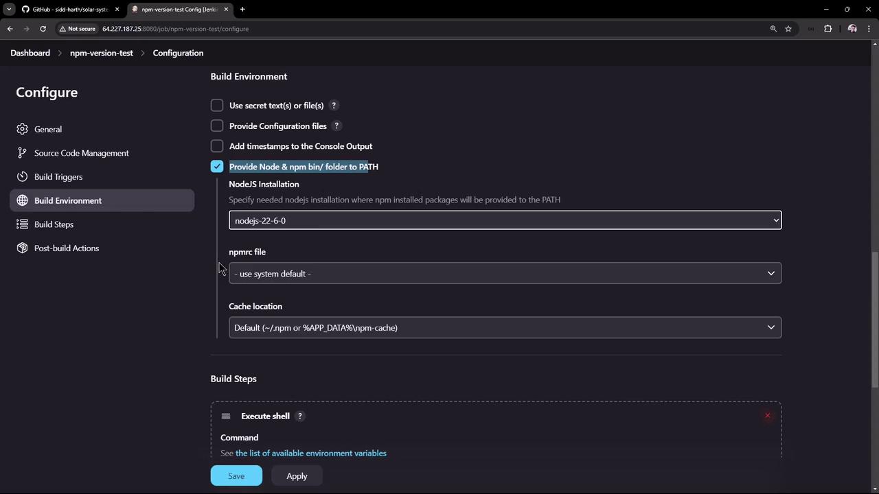 The image shows a configuration screen for a build environment, likely in a CI/CD tool, with options for Node.js installation and npm settings. The interface includes checkboxes and dropdown menus for various settings, such as providing Node & npm bin folder to PATH and executing shell commands.