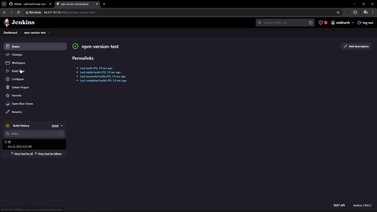 The image shows a Jenkins dashboard for a project named "npm-version-test," displaying build status and history with options for configuration and project management.