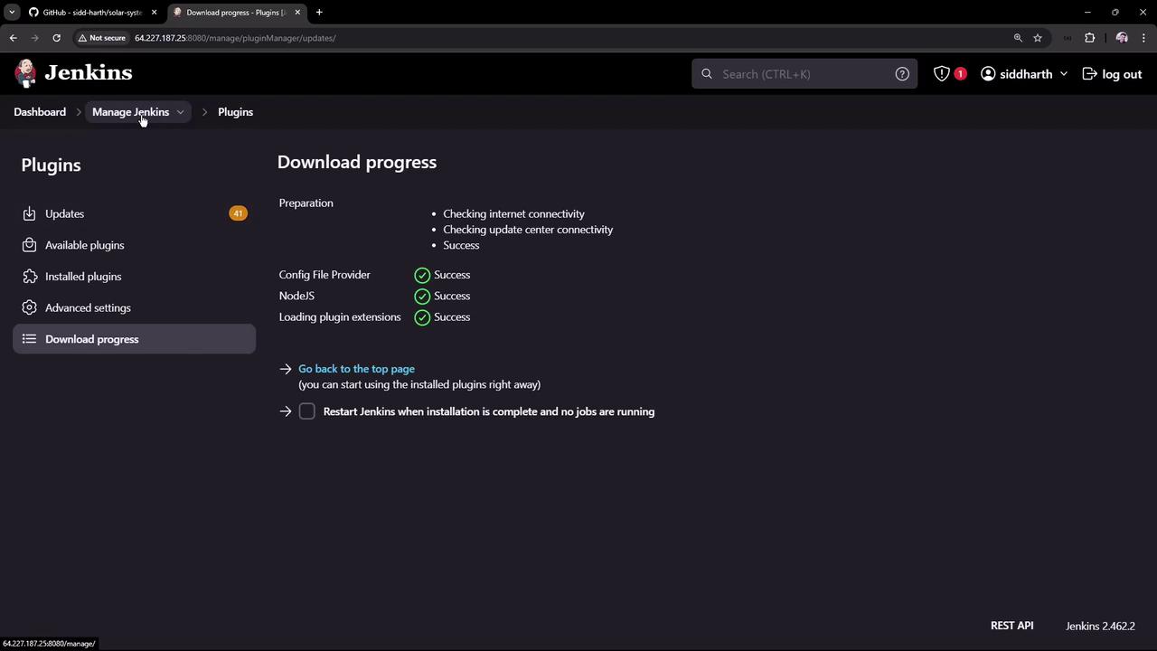 The image shows a Jenkins dashboard displaying the download progress of plugins, with all tasks marked as successful. The interface includes options for managing plugins and settings.