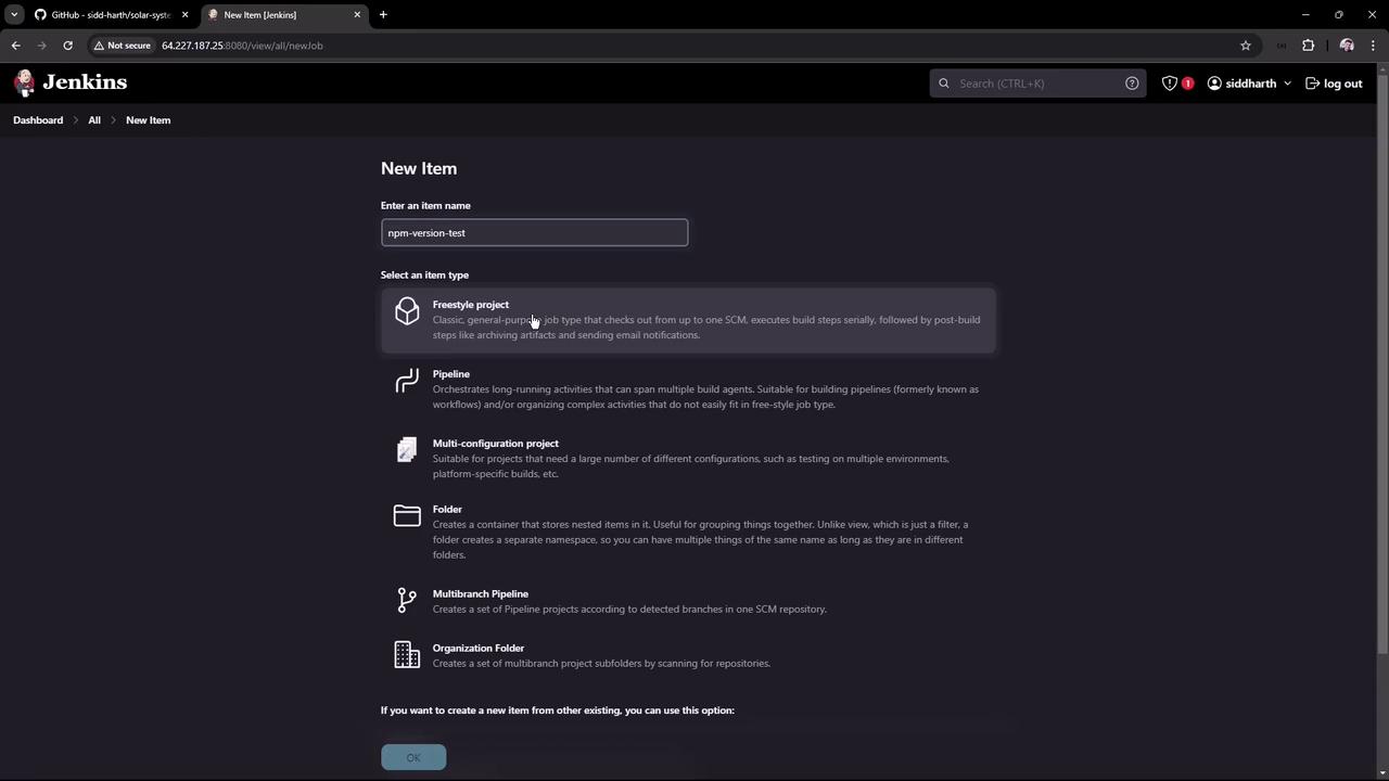 The image shows a Jenkins interface where a user is creating a new item, with options to select different project types like Freestyle project, Pipeline, and others. The item name entered is "npm-version-test."