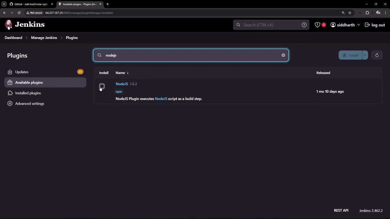 The image shows a Jenkins interface with a search for "NodeJS" in the available plugins section, displaying the NodeJS plugin version 1.6.2.
