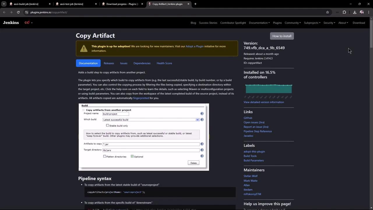 The image shows a webpage for the "Copy Artifact" plugin on the Jenkins website, detailing its features, version information, and installation statistics. It includes a section on how to configure the plugin to copy artifacts from another project.