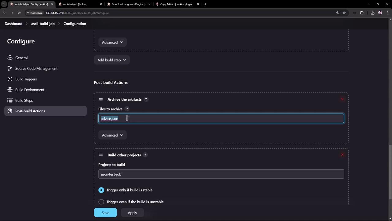 The image shows a Jenkins configuration screen for a job named "ascii-build-job," focusing on post-build actions like archiving artifacts and building other projects.