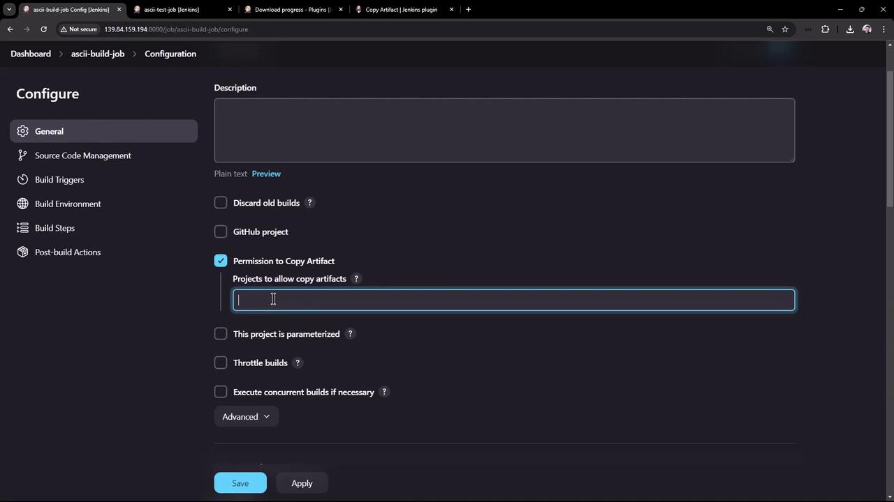 The image shows a Jenkins configuration screen for a job named "ascii-build-job," with options for build settings such as "Permission to Copy Artifact" and other build parameters.