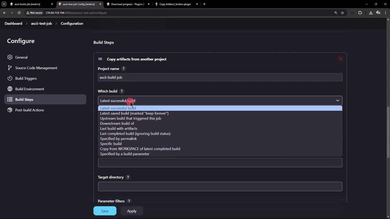The image shows a Jenkins configuration screen for a project named "ascii-test-job," focusing on the "Build Steps" section where options for copying artifacts from another project are being selected.