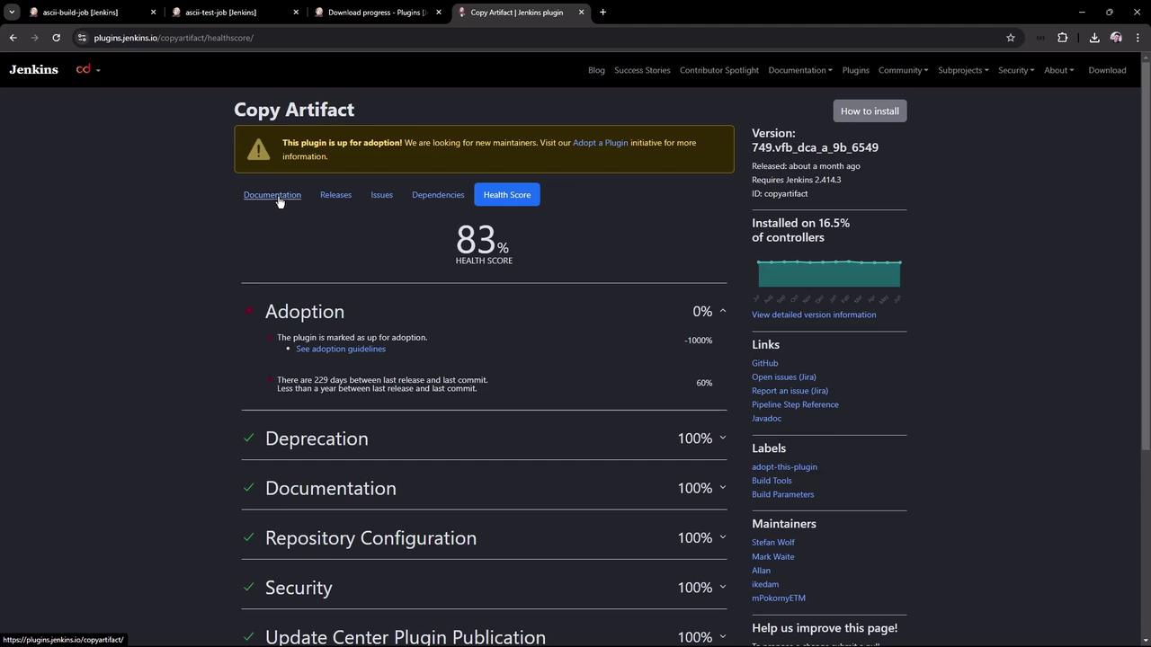 The image shows a Jenkins plugin page for "Copy Artifact," displaying a health score of 83% and various details about adoption, deprecation, documentation, and security. It also includes links and information about the plugin's version and maintainers.