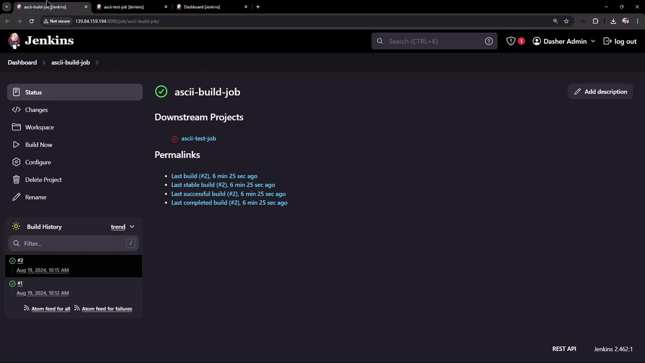 The image shows a Jenkins dashboard for a project named "ascii-build-job," displaying build history and permalinks for recent builds. The interface includes options for managing the project, such as configuring and deleting it.