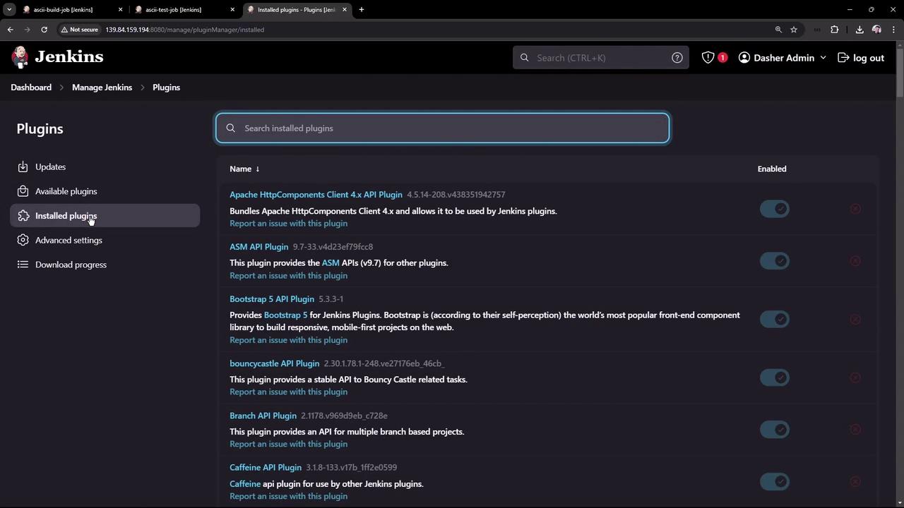 The image shows the "Installed plugins" section of a Jenkins dashboard, listing various plugins with options to enable or disable them.