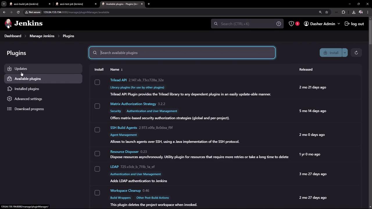 The image shows the Jenkins plugin management interface, displaying a list of available plugins with options to install them. The interface includes details like plugin names, descriptions, and release dates.