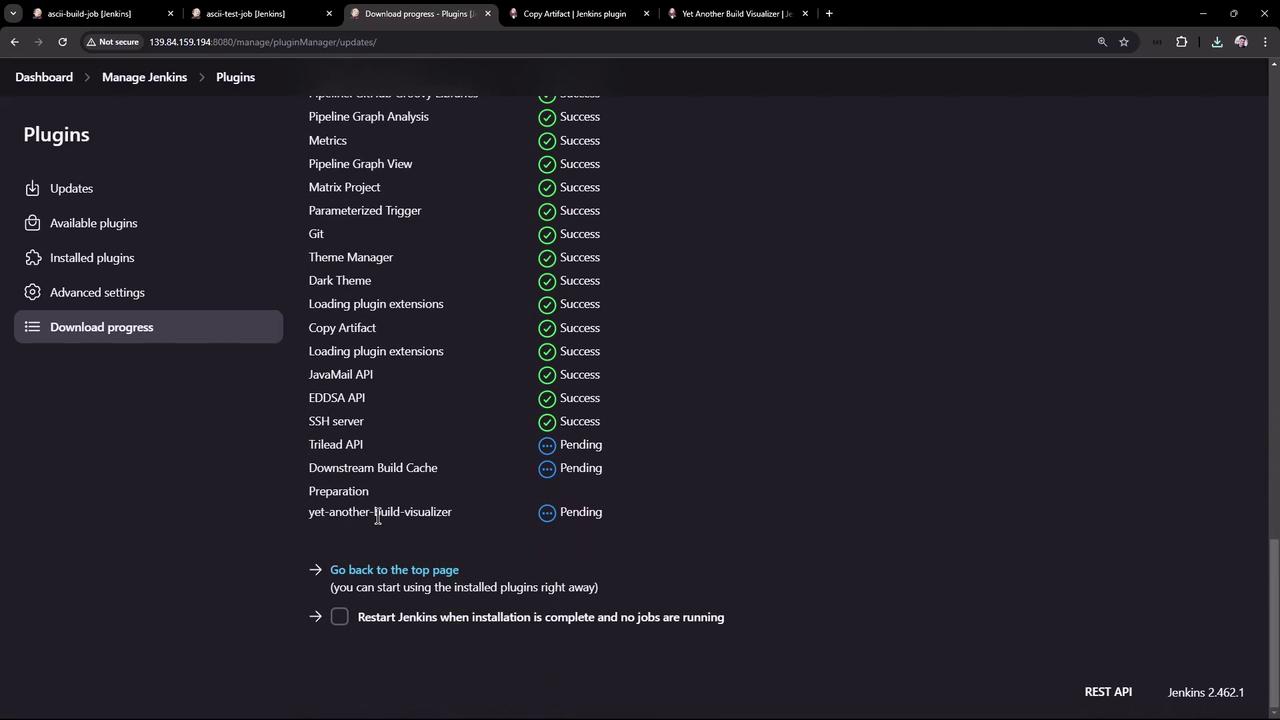 The image shows a Jenkins plugin management page with a list of plugins and their installation statuses, where most are marked as "Success" and a few as "Pending." The sidebar includes options like "Updates," "Available plugins," and "Download progress."
