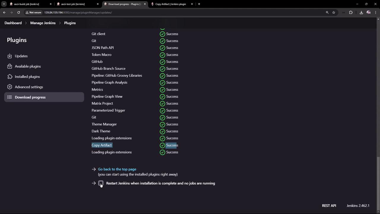 The image shows a Jenkins plugin management interface with a list of plugins, each marked with a "Success" status, indicating successful installation or update.