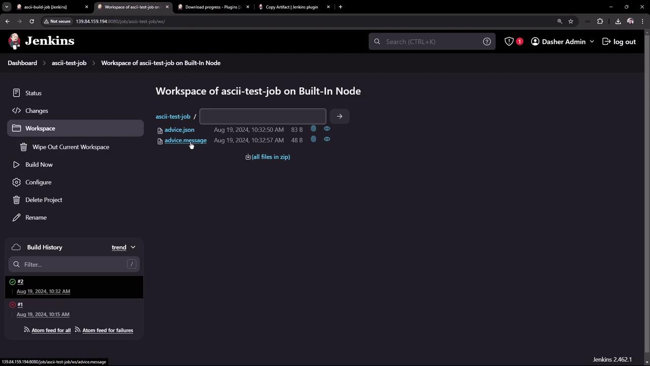The image shows a Jenkins workspace interface for a job named "ascii-test-job" on a built-in node, displaying two files: "advice.json" and "advice.message," along with their details. The build history is visible on the left side.