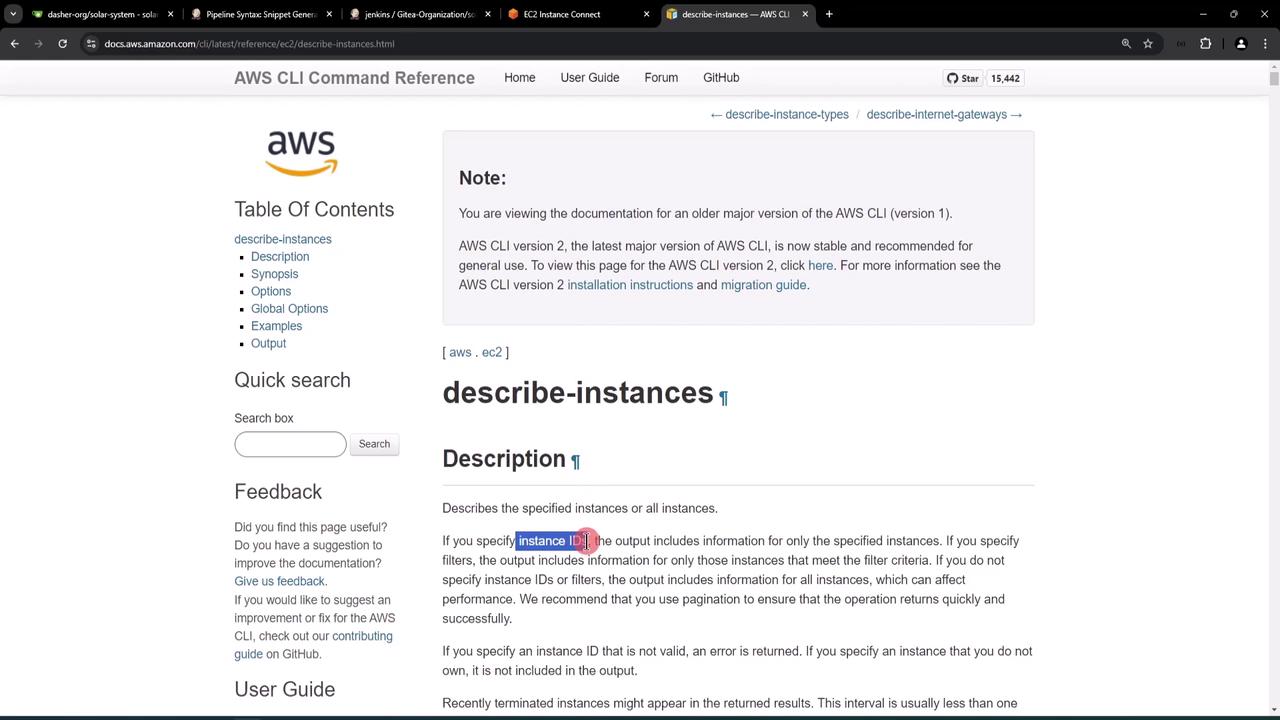 The image shows a webpage from the AWS CLI Command Reference, specifically the documentation for the "describe-instances" command. It includes a table of contents, a note about AWS CLI versioning, and a description of the command's functionality.