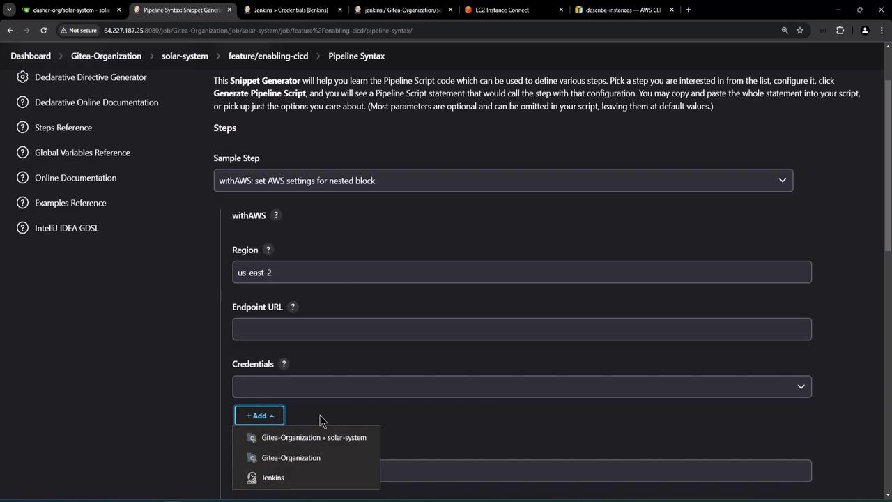 The image shows a Jenkins Pipeline Syntax configuration page, where AWS settings are being set for a nested block, including fields for region, endpoint URL, and credentials.