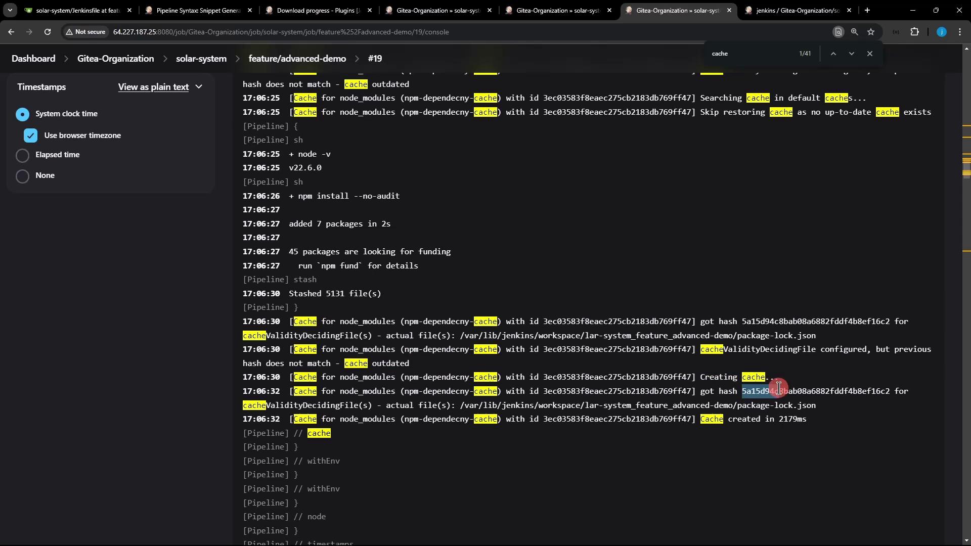 The image shows a console output from a Jenkins job, displaying logs related to caching and package installation processes. The word "cache" is highlighted multiple times throughout the text.