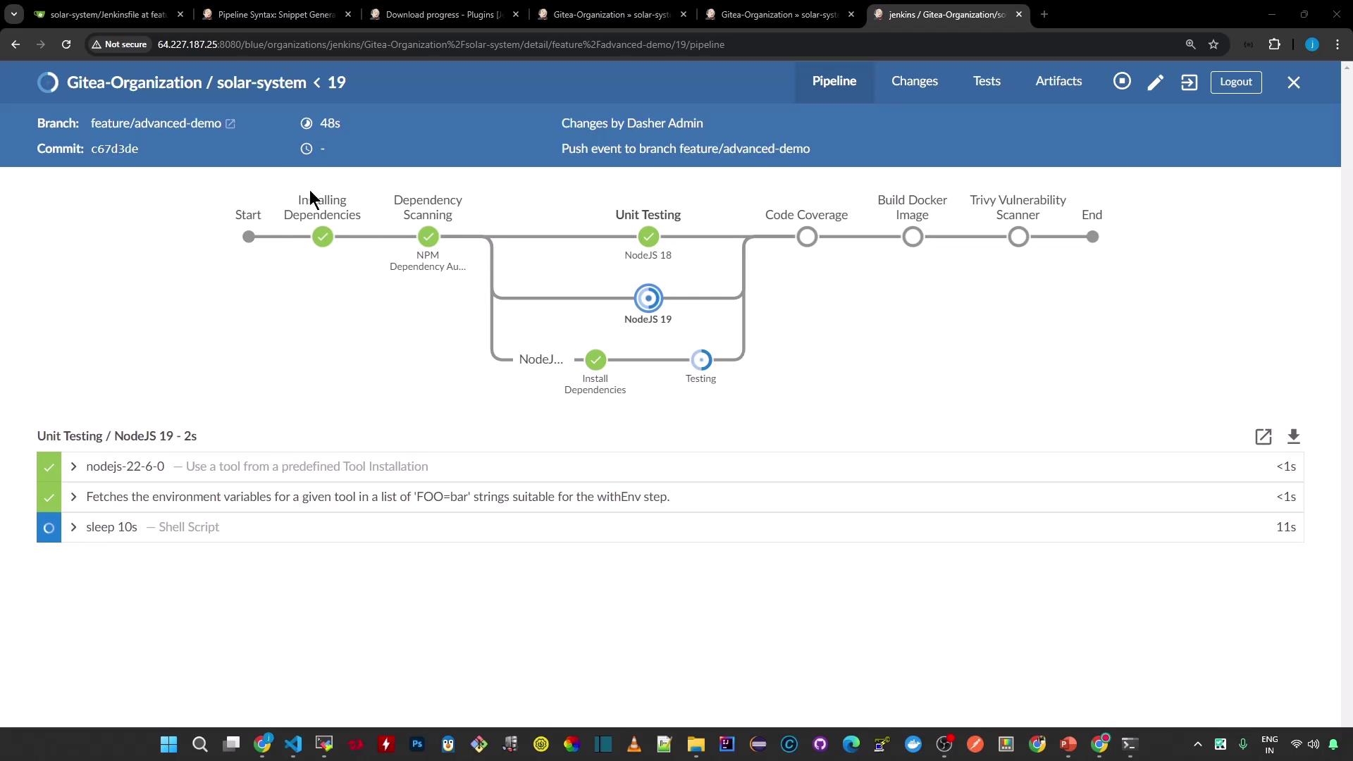 The image shows a Jenkins pipeline interface for a project in the "Gitea-Organization" with stages like "Installing Dependencies," "Dependency Scanning," "Unit Testing," and more. It includes details about the branch, commit, and specific tasks within the pipeline.