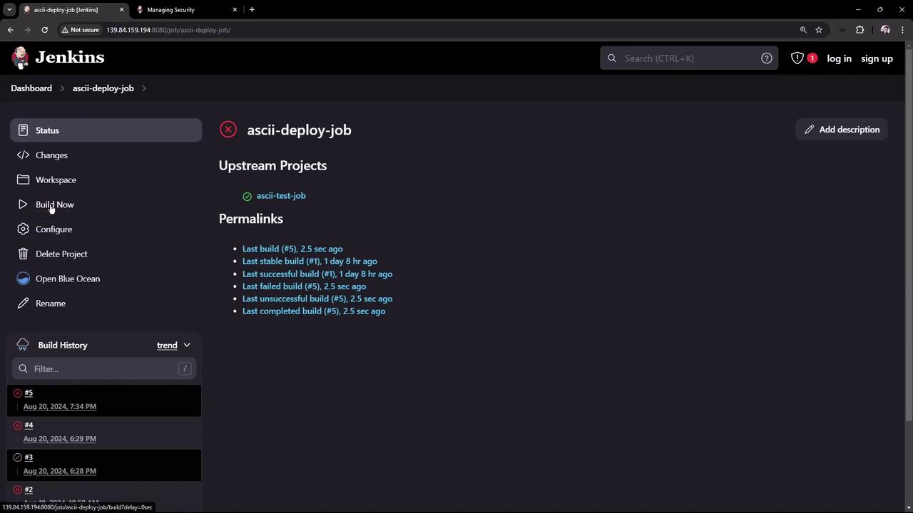 The image shows a Jenkins dashboard for a job named "ascii-deploy-job," displaying build history and options like "Build Now" and "Configure." It includes details about recent builds and their statuses.