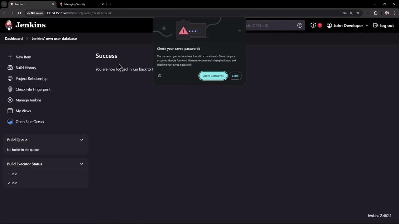 The image shows a Jenkins dashboard with a notification about a password found in a data breach, recommending a password check.