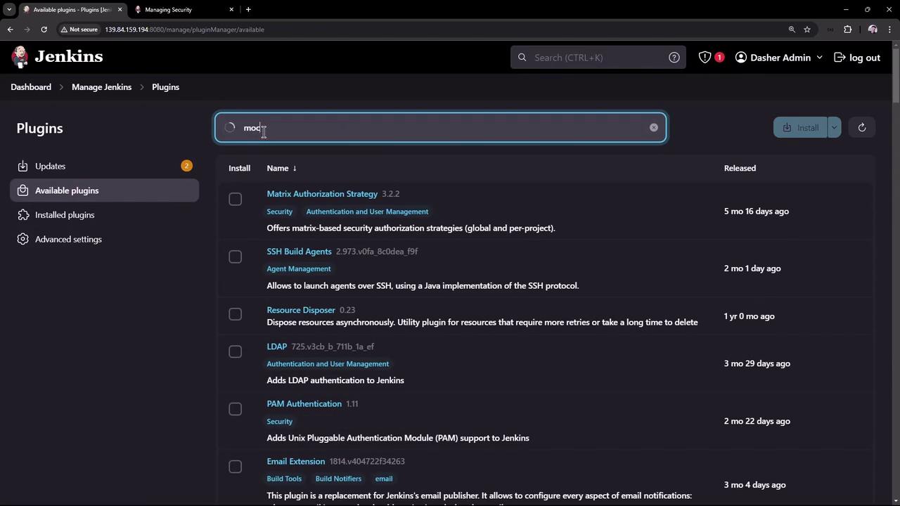 The image shows a Jenkins interface displaying a list of available plugins, with a search bar filtering results for plugins related to "mod."