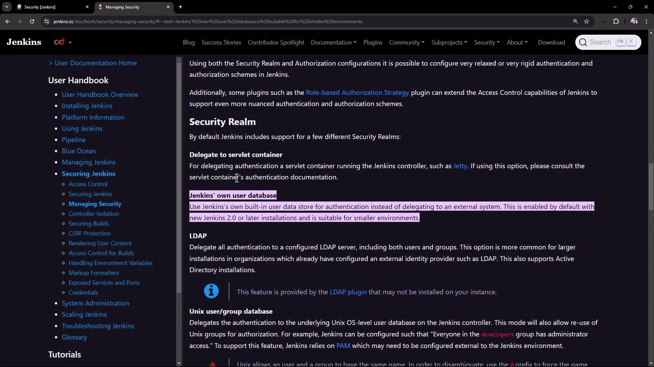 The image shows a webpage from the Jenkins documentation, specifically focusing on managing security realms. It highlights options like using Jenkins' own user database and LDAP for authentication.