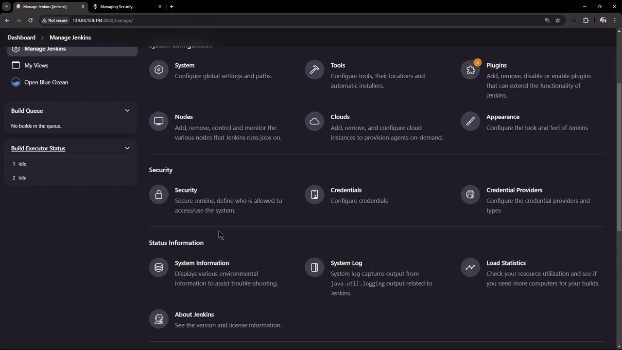 The image shows the "Manage Jenkins" dashboard, displaying various configuration options such as system settings, tools, plugins, security, and credentials. It is part of a Jenkins server interface used for managing build and deployment processes.