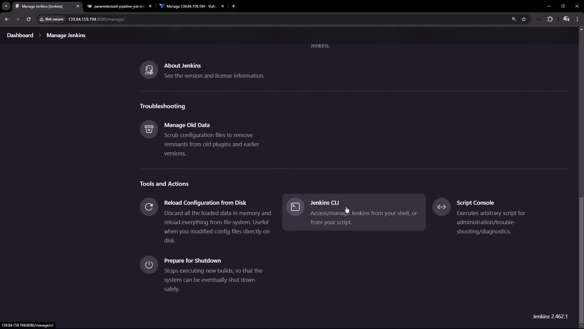 The image shows the "Manage Jenkins" page of a Jenkins server, displaying options for troubleshooting and tools such as "Manage Old Data," "Jenkins CLI," and "Script Console."