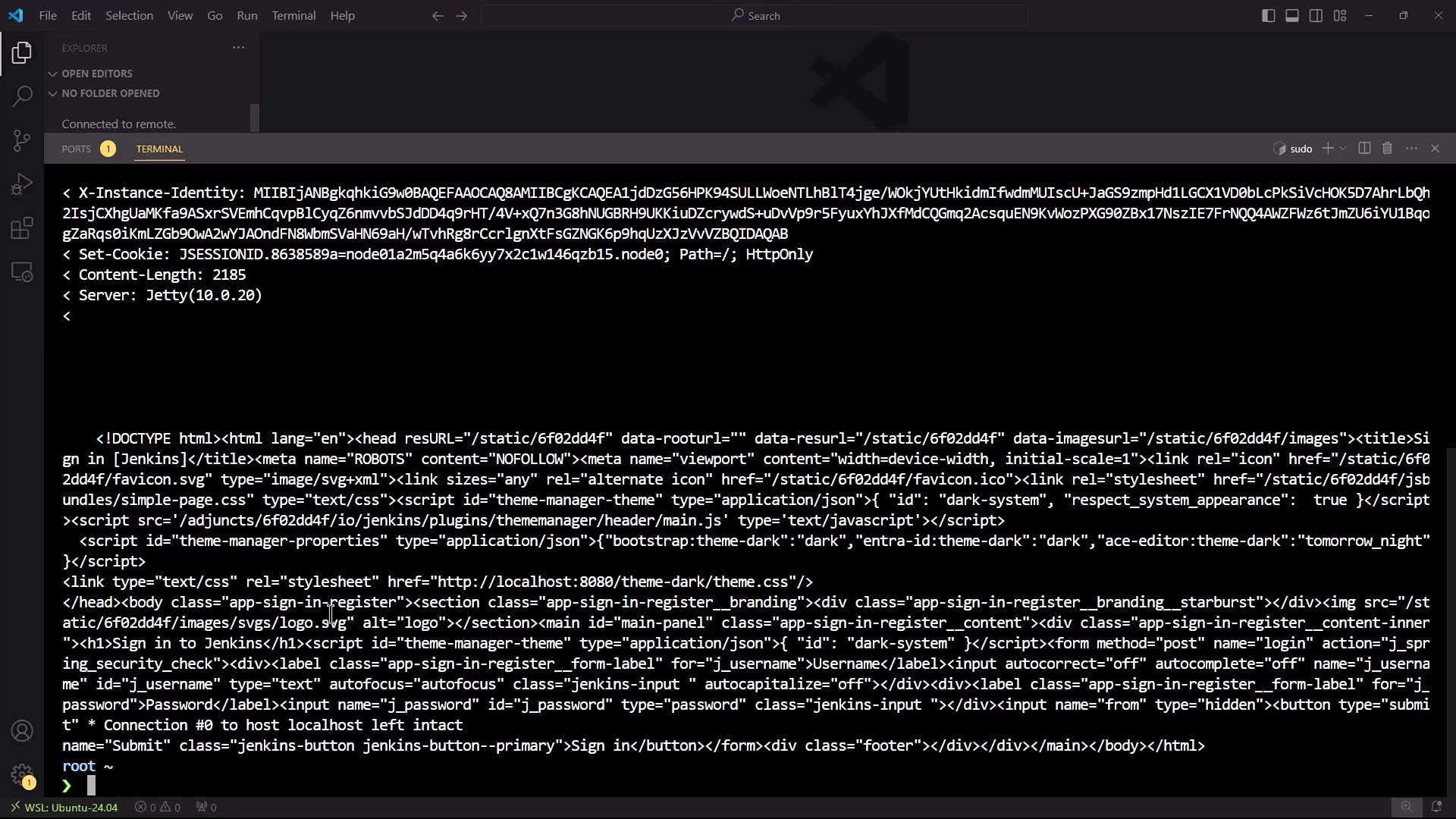 The image shows a terminal window displaying HTTP response headers and HTML code, likely from a web server or application. The environment appears to be a code editor with a dark theme.