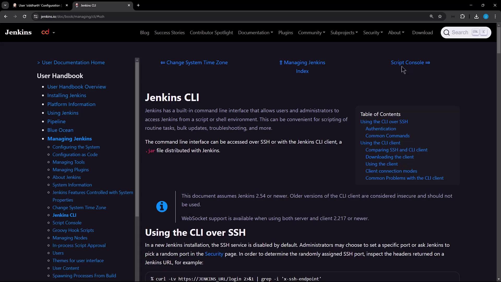 The image shows a webpage from the Jenkins documentation, specifically about the Jenkins CLI (Command Line Interface). It includes navigation links on the left and a table of contents on the right.