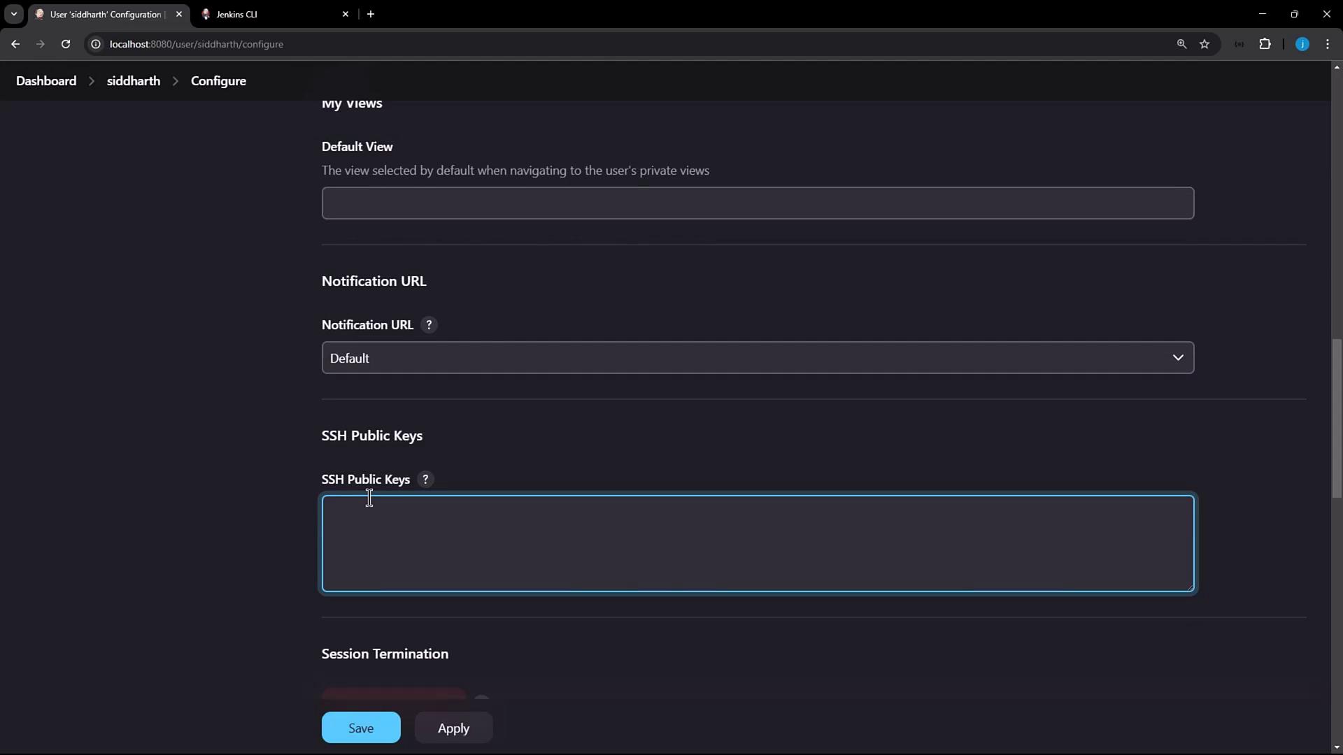 The image shows a configuration page from a Jenkins user interface, featuring fields for default view, notification URL, SSH public keys, and session termination options.