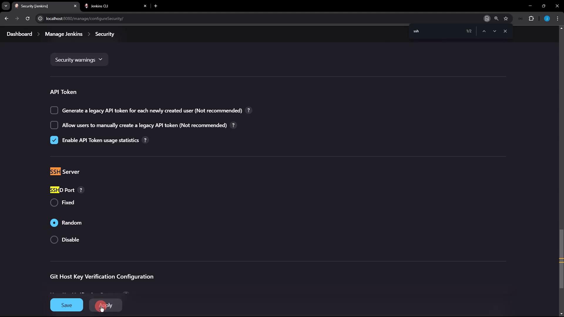 The image shows a Jenkins security configuration page with options for API token settings and SSH server configurations. The "Enable API Token usage statistics" option is checked, and the SSH port is set to "Random."