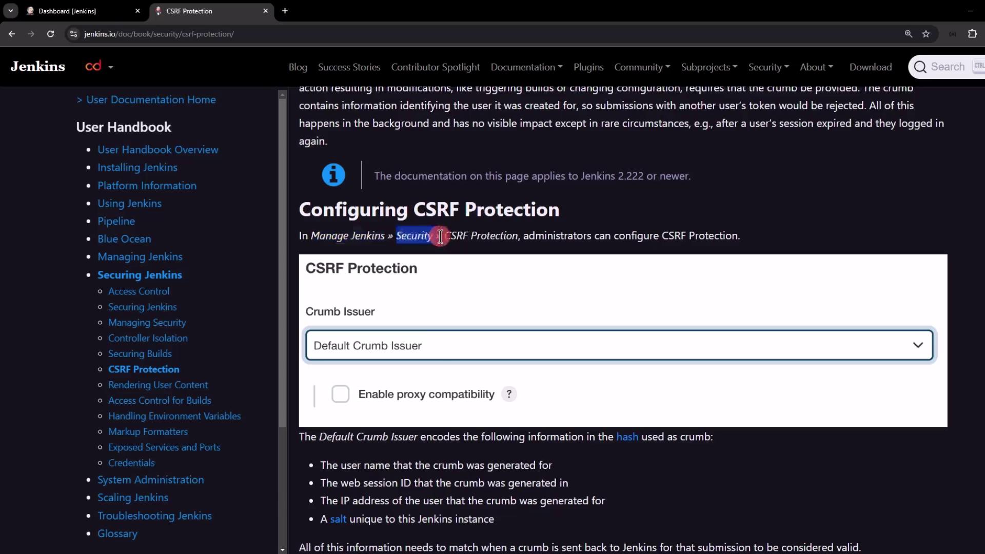 The image shows a webpage from the Jenkins documentation, specifically focusing on configuring CSRF protection. It includes navigation links on the left and details about the "Crumb Issuer" settings on the right.