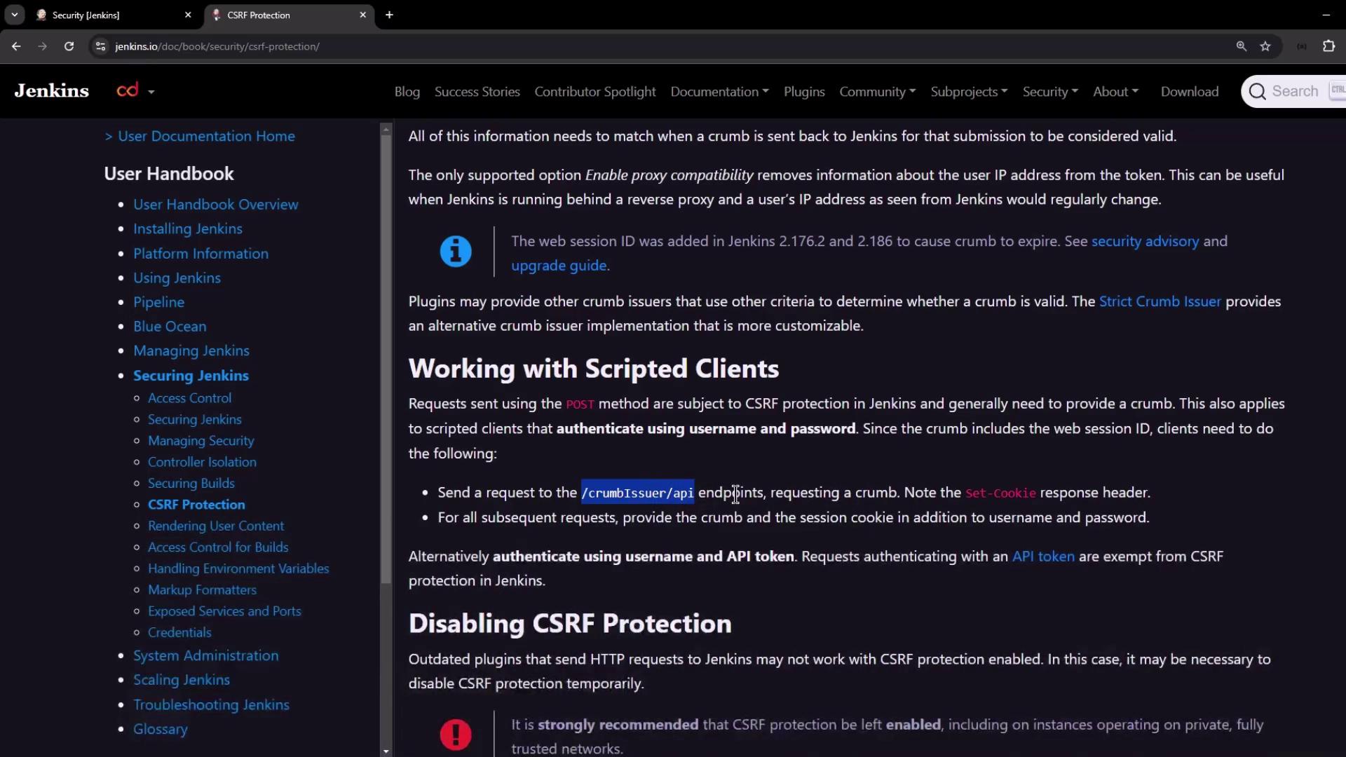 The image shows a webpage from the Jenkins documentation, specifically focusing on CSRF protection. It includes a navigation menu on the left and detailed information about working with scripted clients and disabling CSRF protection on the right.