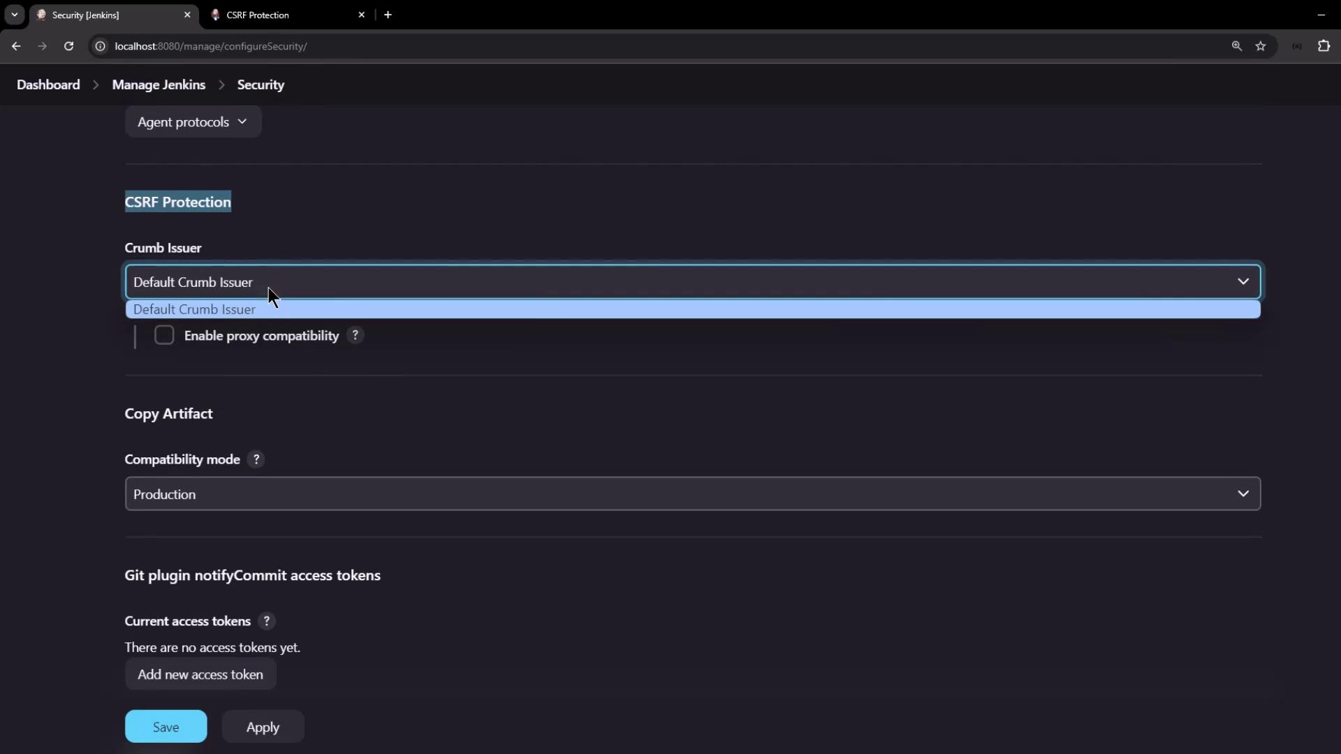 The image shows a Jenkins security configuration page with options for CSRF protection, artifact compatibility mode, and Git plugin access tokens.