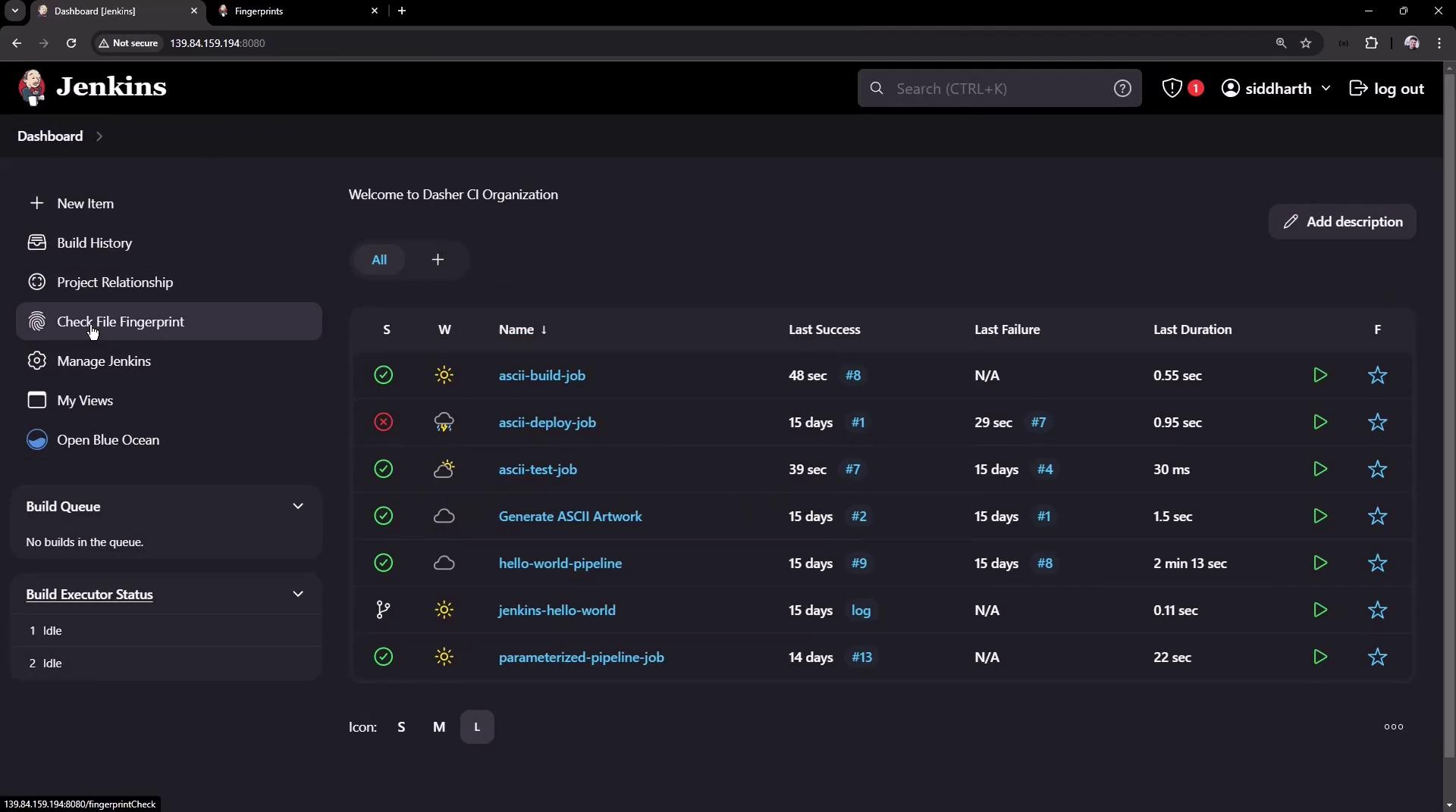 The image shows a Jenkins dashboard with a list of jobs, their statuses, last success and failure times, and durations. The interface includes navigation options like "Build History" and "Manage Jenkins."