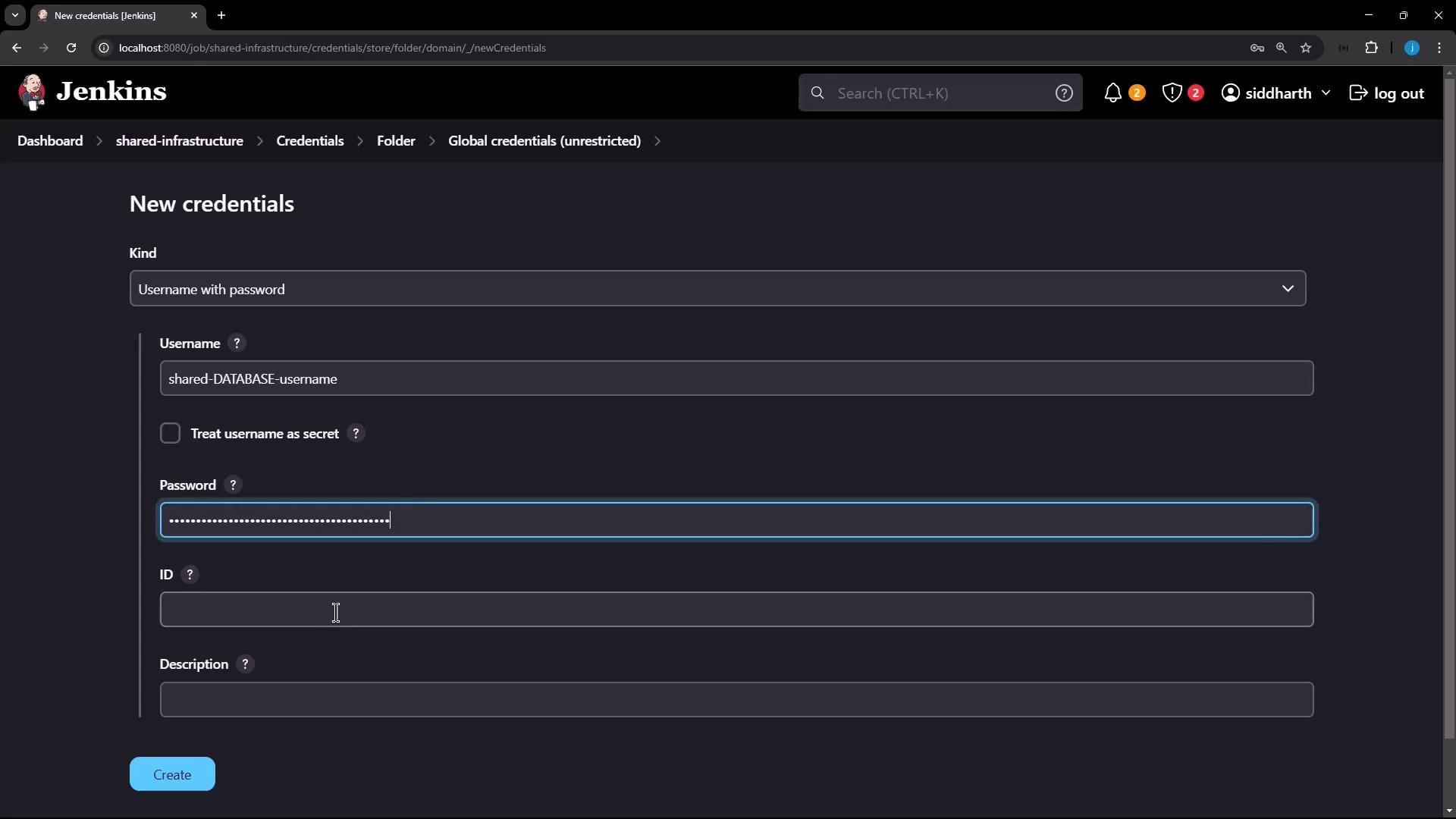 The image shows a Jenkins interface where new credentials are being added, including fields for username, password, ID, and description.