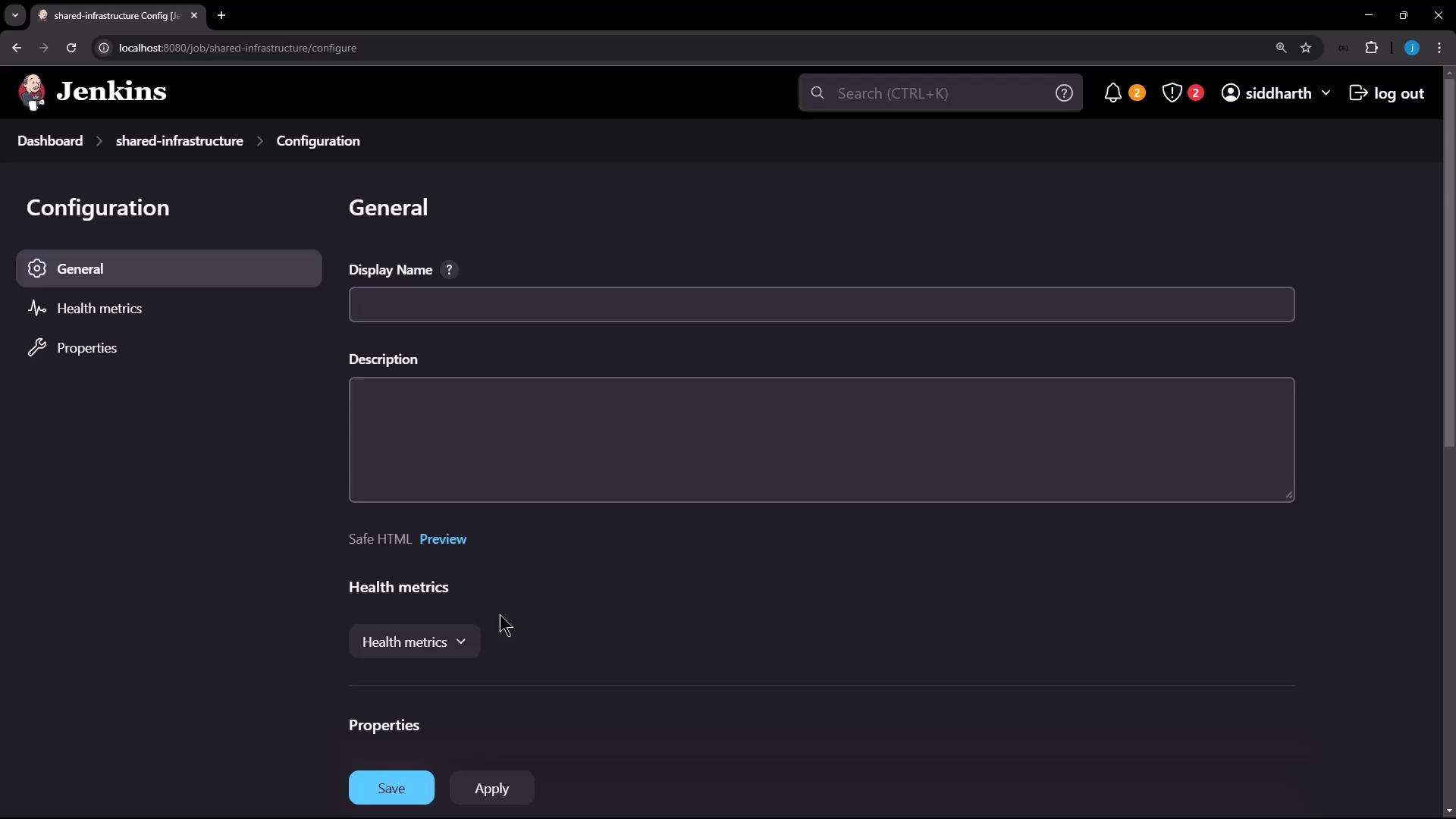 The image shows a Jenkins configuration page with options for setting a display name, description, health metrics, and properties. The interface is dark-themed and includes buttons for saving and applying changes.