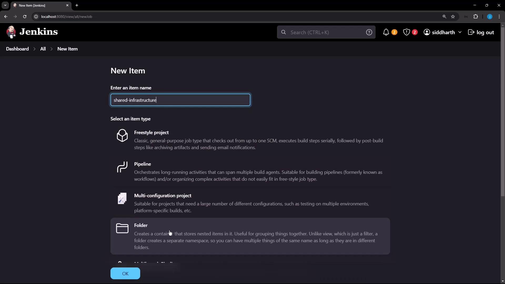 The image shows a Jenkins interface where a user is creating a new item named "shared-infrastructure" and selecting an item type from options like Freestyle project, Pipeline, Multi-configuration project, and Folder.