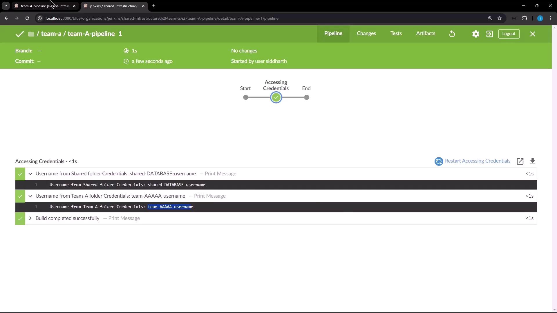 The image shows a Jenkins pipeline interface displaying a successful build process, with credentials being accessed and verified.