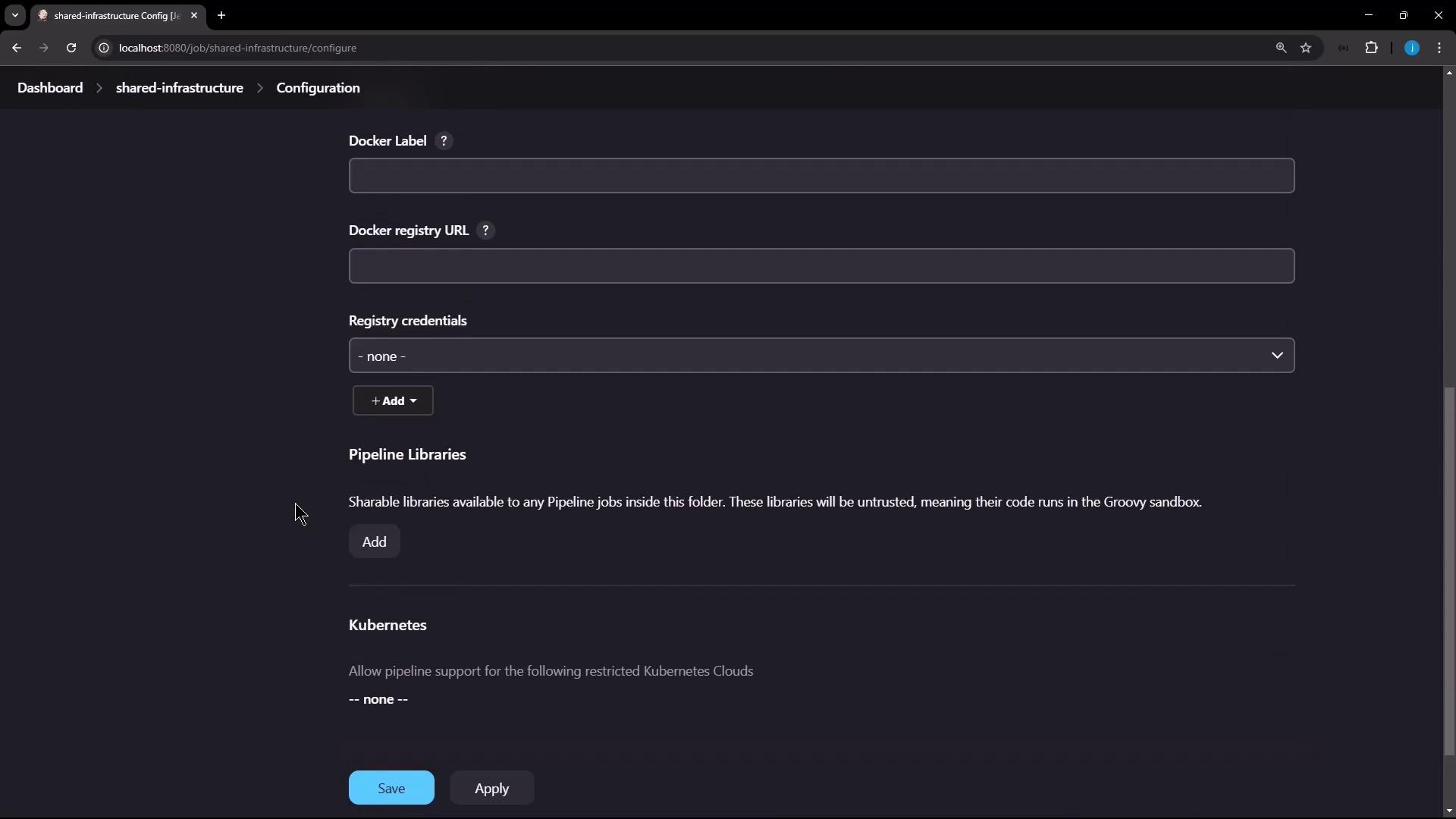The image shows a configuration page for a shared infrastructure, featuring fields for Docker label, Docker registry URL, registry credentials, and options for adding pipeline libraries and Kubernetes support. There are buttons for saving and applying changes.