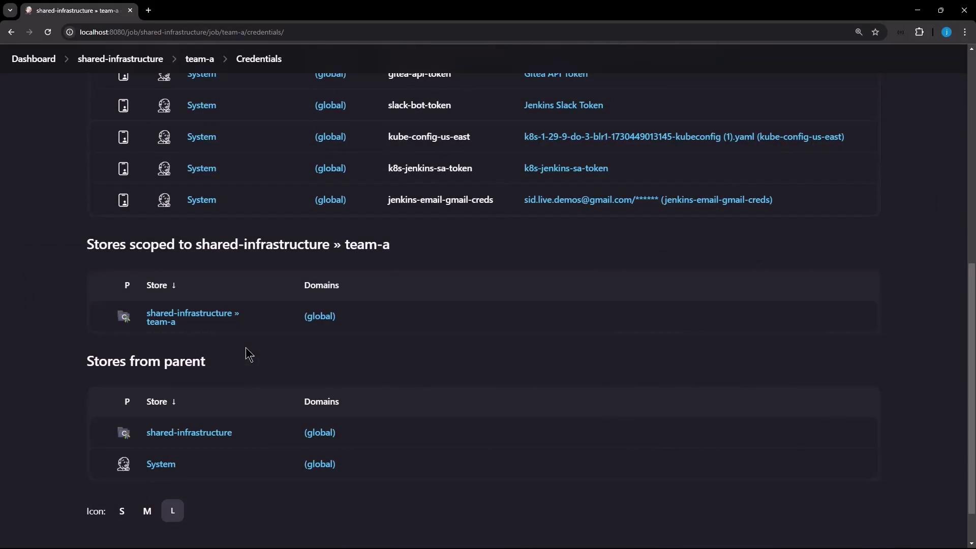 The image shows a web interface displaying a list of credentials and their associated domains, likely from a shared infrastructure management system. It includes sections for "Stores scoped to shared-infrastructure » team-a" and "Stores from parent."
