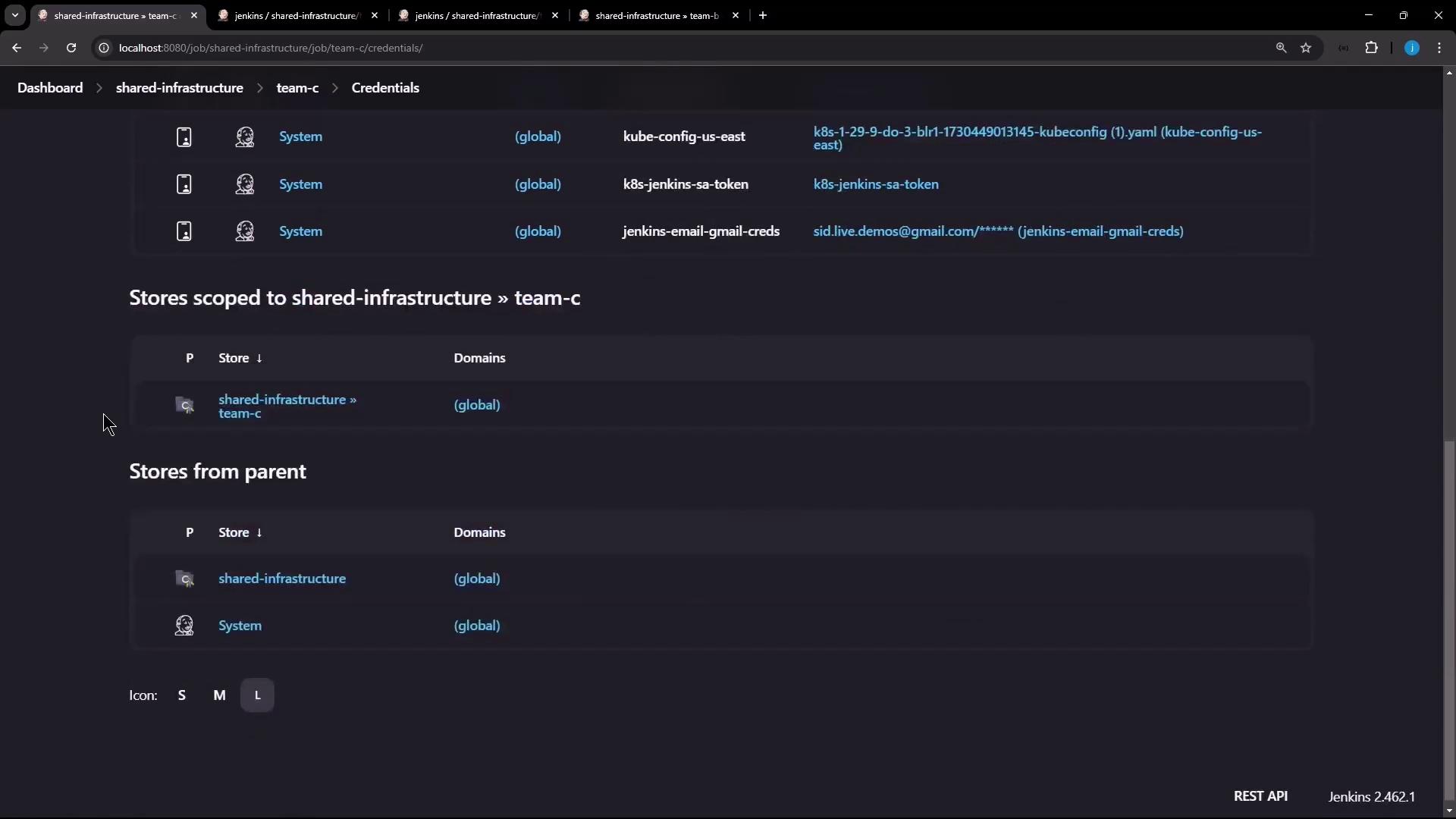 The image shows a Jenkins credentials management page for a project named "shared-infrastructure" under "team-c," displaying various credential stores and their domains.