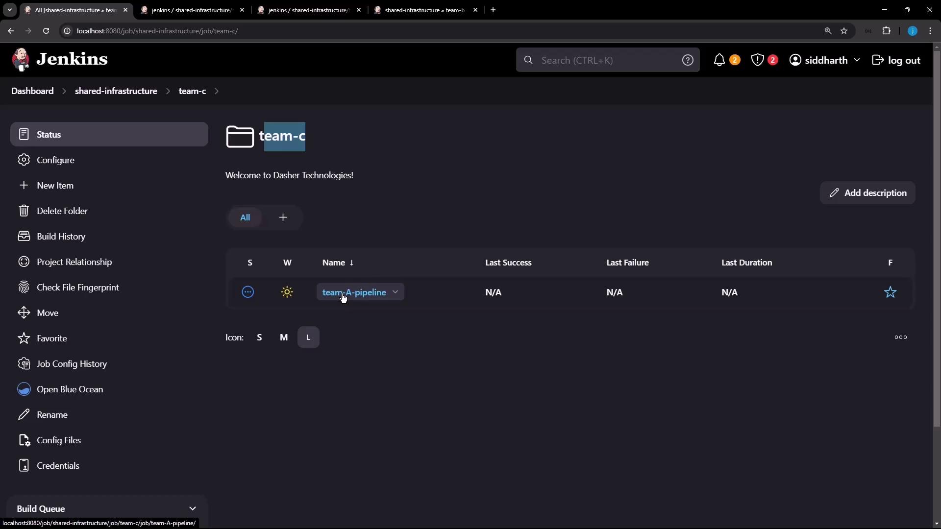 The image shows a Jenkins dashboard interface with a project named "team-c" and a pipeline labeled "team-a-pipeline." It displays options for configuration, build history, and other project management features.
